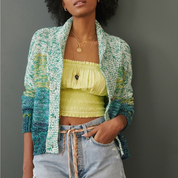 Anthropologie Pilcro Sunset Embroidered Cardigan Green Yellow Rare Sun Sz XS - Picture 2 of 15